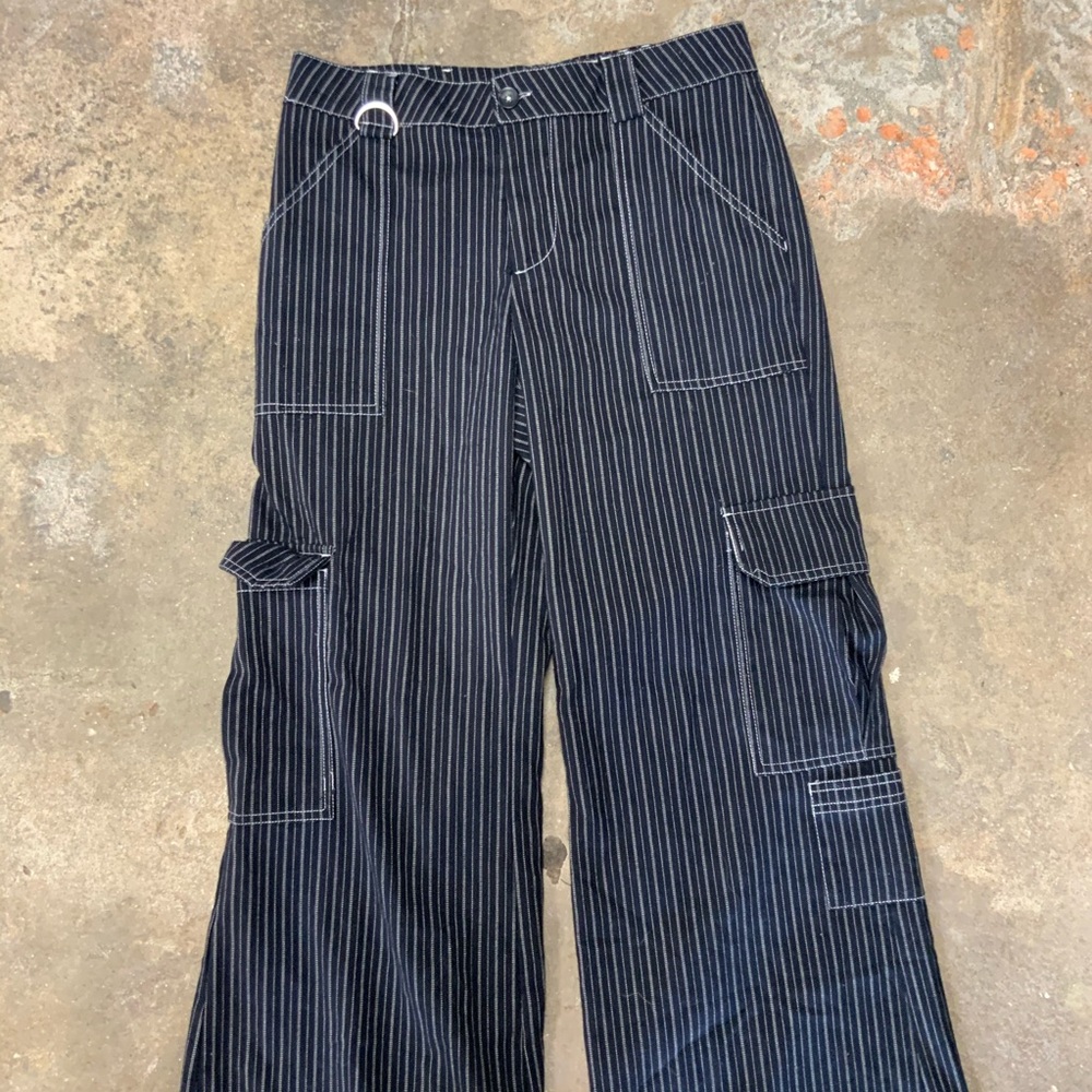 UO Y2K Punk Cargo Trousers White Striped Wide Leg Pants Jeans OBO - Picture 10 of 11